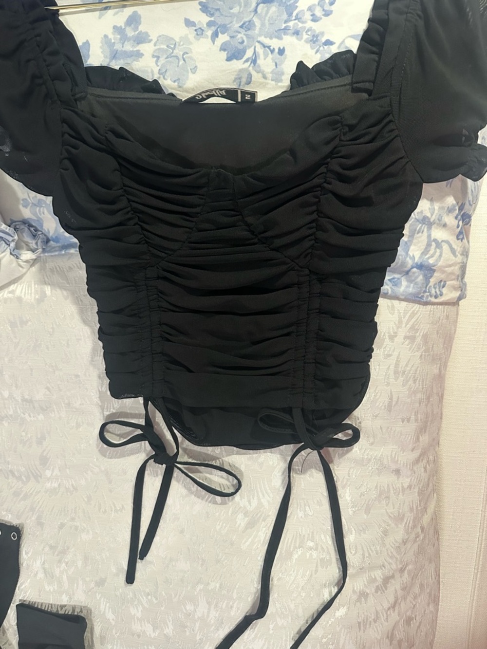 Black Ruched Square-Neck Crop Top with Tie Details